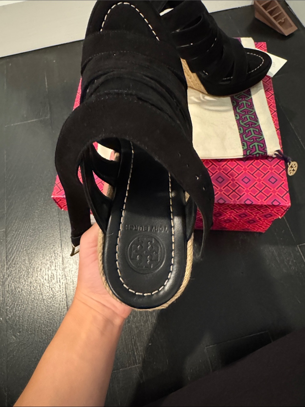 Tory Burch Black Suede Espadrille Wedge Sandals with Gold Logo - Picture 7 of 12